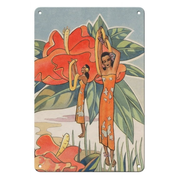Aloha Nui From Hawaii - Hawaiian Hula Dancers - Vintage Hawaiian Christmas Card by Ted Mundorff c.1943 - 8 x 12 inch Vintage Metal Tin Sign
