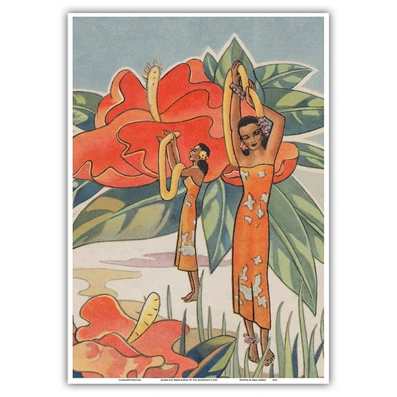 Aloha Nui From Hawaii - Hawaiian Hula Dancers - Vintage Hawaiian Christmas Card by Ted Mundorff c.1943 - Master Art Print 10in x 14in