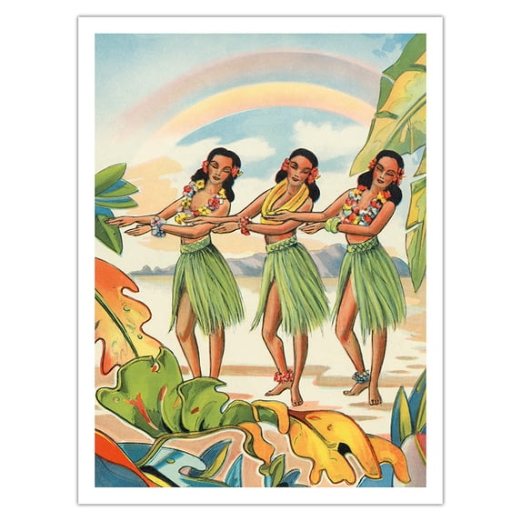 Aloha Nui Loa from Hawaii - Hula Girls - Vintage Hawaiian Airbrush Art by Ted Mundorff c.1930s - Bamboo Fine Art 290gsm Paper Print (Unframed) 24x32in