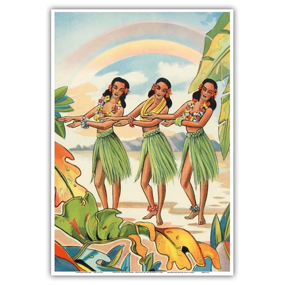 Aloha Nui Loa from Hawaii - Hula Girls - Vintage Hawaiian Airbrush Art by Ted Mundorff c.1930s - Master Art Print (Unframed) 13in x 19in