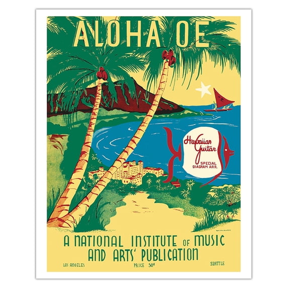 Aloha ‘Oe (Farewell to Thee) - Composed by Queen Lili’uokalani - Vintage Hawaiian Sheet Music by Ruth Hazlewood c.1939 - Fine Art Matte Paper Print (Unframed) 16x20in