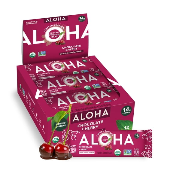 ALOHA, Organic Plant Based Protein Bars, Chocolate Cherry, 14g Protein (Pack of 12)