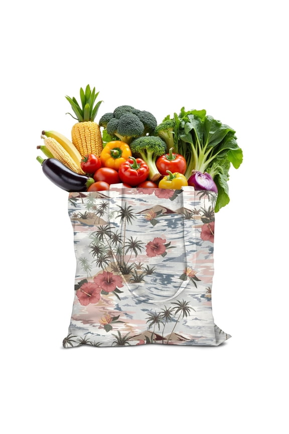 Aloha Print Canvas Shopping Bag, Reusable Hawaiian Tropical Island Tote, Eco-Friendly Palm Tree Handbag for Women, Lightweight and Foldable