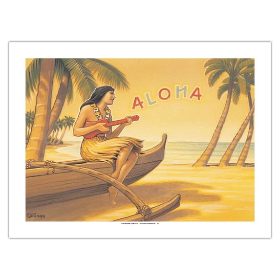 Aloha Serenade - Hawaii Ukulele Hula Girl - Vintage Hawaiian Travel Poster by Kerne Erickson - Fine Art Matte Paper Print (Unframed) 18x24in