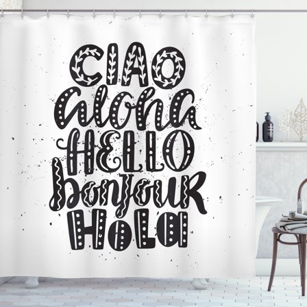 Aloha Shower Curtain, Ciao Aloha Bonjour Hola Hello in Various Languages Wavy Dotted Monochrome, Fabric Bathroom Set with Hooks, 69W X 75L Inches Long, Charcoal Grey White, by Ambesonne