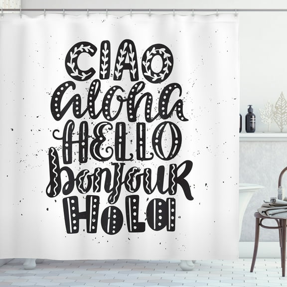 Aloha Shower Curtain, Ciao Aloha Bonjour Hola Hello in Various Languages Wavy Dotted Monochrome, Fabric Bathroom Set with Hooks, 69W X 75L Inches Long, Charcoal Grey White, by Ambesonne