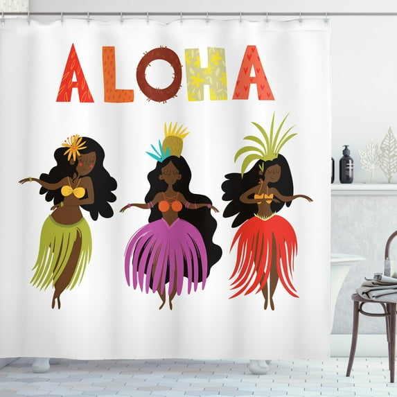 Aloha Shower Curtain, Hawaiian Hula Girls with Long Wavy Hair Dancing in Exotic Costumes Floral Theme, Fabric Bathroom Set with Hooks, 69W X 70L Inches, Multicolor, by Ambesonne