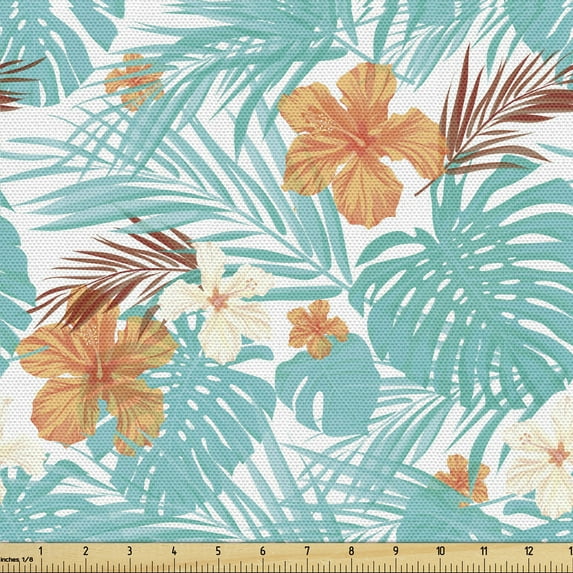 Ambesonne Aloha Fabric by the Yard Upholstery, Summer Scene Palms Hibiscus, 10 Yards, Orange Turquoise