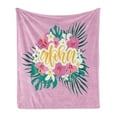 thumbnail image 1 of Aloha Soft Flannel Fleece Blanket, Hand Lettering with Hibiscus Lily Plumeria Flowers and Palm Leaves on Pink Backdrop, Cozy Plush for Indoor and Outdoor Use, 60" x 80", Multicolor, by Ambesonne, 1 of 6