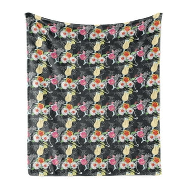 Aloha Soft Flannel Fleece Blanket, Pattern with Cocktails and Hibiscus Blossoms on Zebra Background Hawaiian Luau Theme, Cozy Plush for Indoor and Outdoor Use, 70" x 90", Multicolor, by Ambesonne