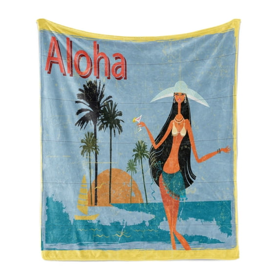 Aloha Soft Flannel Fleece Throw Blanket, Grungy Effect Vintage Design of an Island with Brunette Long Haired Hawaiian Lady, Cozy Plush for Indoor and Outdoor Use, 60" x 80", Multicolor, by Ambesonne
