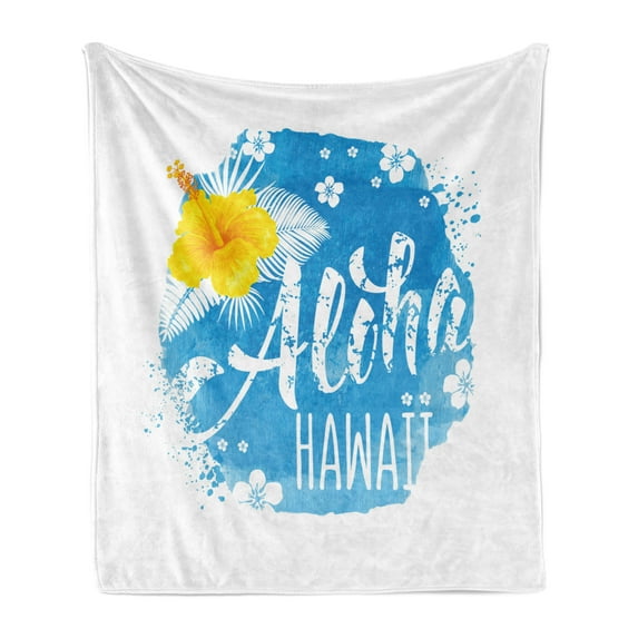 Aloha Soft Flannel Fleece Throw Blanket, Hand-drawn Lettering and Hibiscus on Blue Watercolor Hawaiian Greeting, Cozy Plush for Indoor and Outdoor Use, 50" x 60", Blue Yellow and White, by Ambesonne