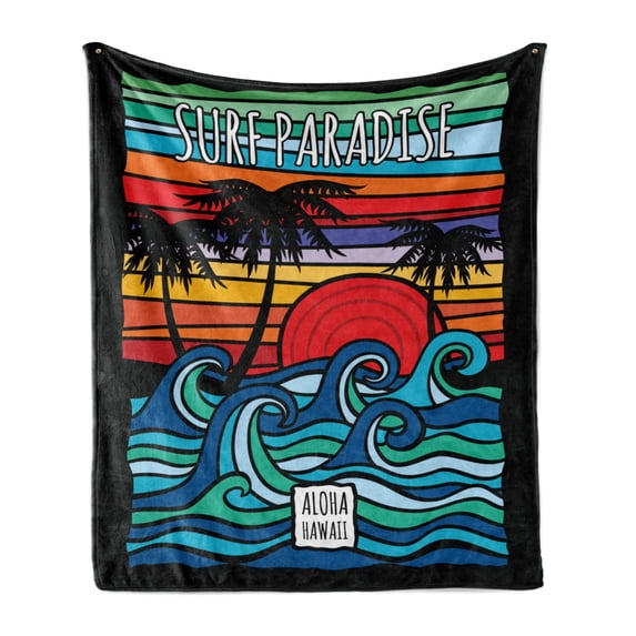 Aloha Soft Flannel Fleece Throw Blanket, Hawaii Surf Paradise Graphics Interpretation of Waves Palm Trees Tropical Setting, Cozy Plush for Indoor and Outdoor Use, 50" x 70", Multicolor, by Ambesonne