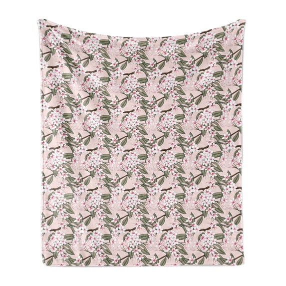 Aloha Soft Flannel Fleece Throw Blanket, Illustration of Leafy Frangipani Flowers on Branches Blossoming Botany Scene, Cozy Plush for Indoor and Outdoor Use, 60" x 80", Blush Multicolor, by Ambesonne