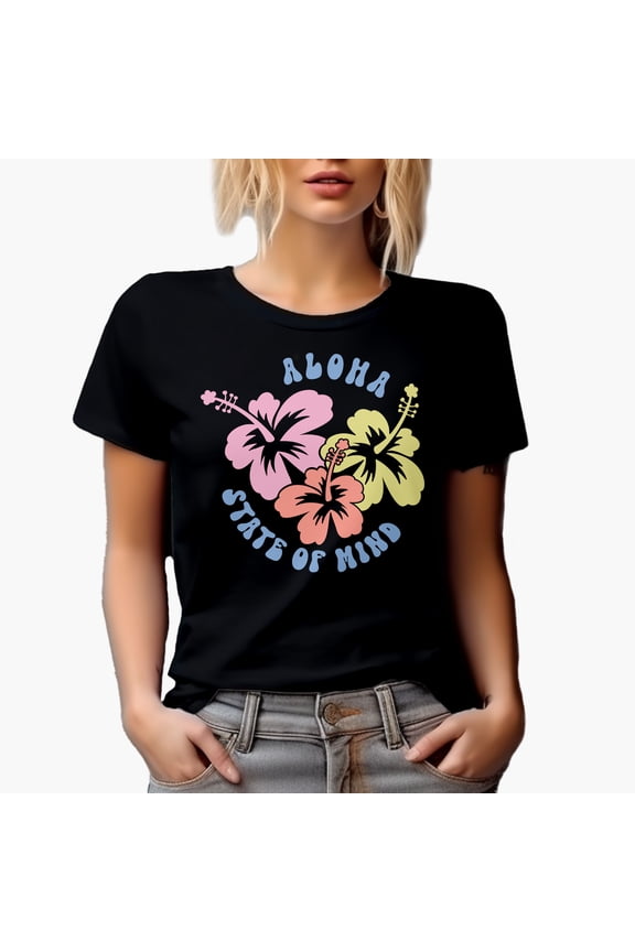 Aloha State of Mind feat. Tropical Flowers Art, Beach & Summer Themed Merch Gift, Black T-Shirt, 3XL