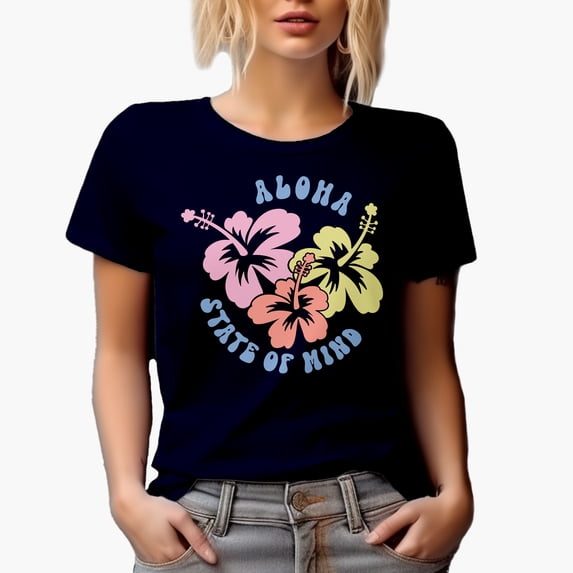 Aloha State of Mind feat. Tropical Flowers Art, Beach & Summer Themed Merch Gift, Navy Blue T-Shirt, Small