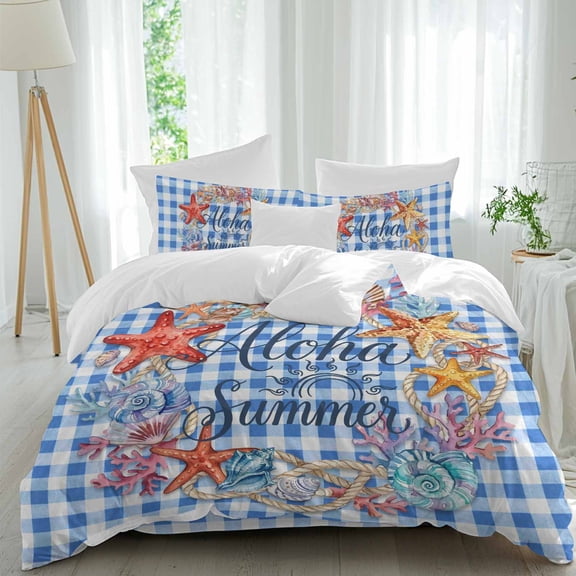 Aloha Summer Comforter Set Twin Size, Red Starfish Shell Blue Plaid Ocean Life Soft Bedding Set for Man Woman, 4 Pieces Duvet Cover Set with Fitted Sheet, 2 Pillowcases