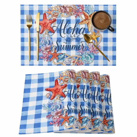 Aloha Summer Cotton Linen Placemats Set of 1, Red Starfish Shell Blue Plaid Ocean Life Washable Table Place Mats Heat Insulating Placemat for Dining Room Kitchen Daily Use 13 x 19 Inch