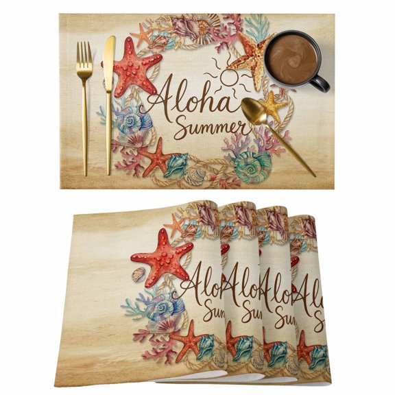 Aloha Summer Cotton Linen Placemats Set of 4, Red Starfish Shell Coral Ocean Life Vintage Washable Table Place Mats Heat Insulating Placemat for Dining Room Kitchen Daily Use 13 x 19 Inch