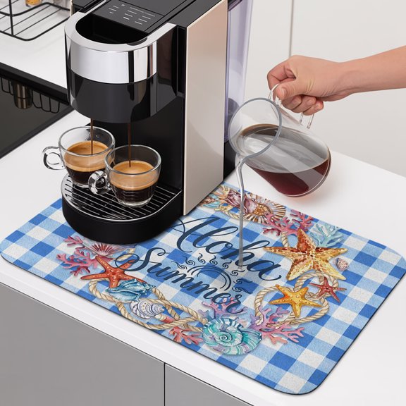 Aloha Summer Dish Drying Mats for Kitchen Counter, Red Starfish Shell Blue Plaid Ocean Life Absorbent Coffee Bar Mat with Non-slip Rubber Backed Quick Drying Dish Rack Pad 12"x16"