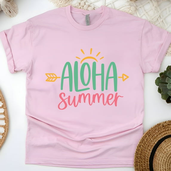 Aloha Summer Graphic T-Shirt – Cute Hawaiian Tropical Vibe Tee, Light Pink, Size S