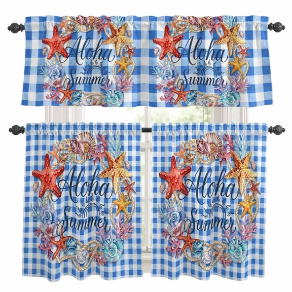 Aloha Summer Kitchen Curtains Valances and Tiers Set of 3 Red Starfish Shell Blue Plaid Ocean Life Tier Curtains and Valance with Rod Pocket for Small Windows, 27.5"x24"