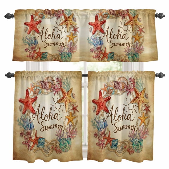 Aloha Summer Kitchen Curtains Valances and Tiers Set of 3 Red Starfish Shell Coral Ocean Life Vintage Tier Curtains and Valance with Rod Pocket for Small Windows, 27.5"x24"