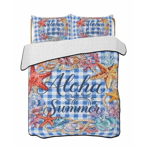 Aloha Summer Quilts Bedding Set California King Red Starfish Shell Blue Plaid Ocean Life Lightweight Quilted Bedspread 3 Piece Bed Quilt with 2 Pillow Shams All Season for Bedroom 96" x 106"