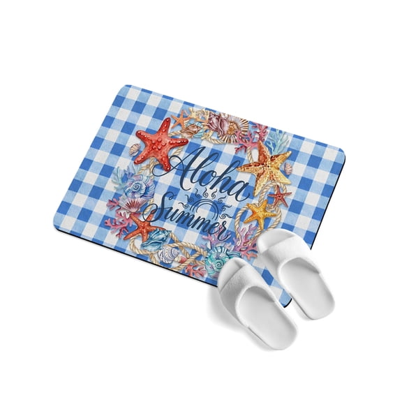 Aloha Summer Soft Diatomaceous Earth Mat, Red Starfish Shell Blue Plaid Ocean Life Absorbent Bath Mat Non Slip Rubber Backed Quick Dry Doormat Fit Under Door for Bathroom Kitchen 16"x24"