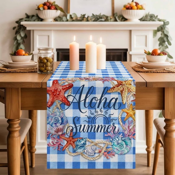 Aloha Summer Table Runner, Red Starfish Shell Blue Plaid Ocean Life Cotton Linen Kitchen Table Decoration Washable Dining Tabletop Runners for Home Party Decor 13x36 Inches