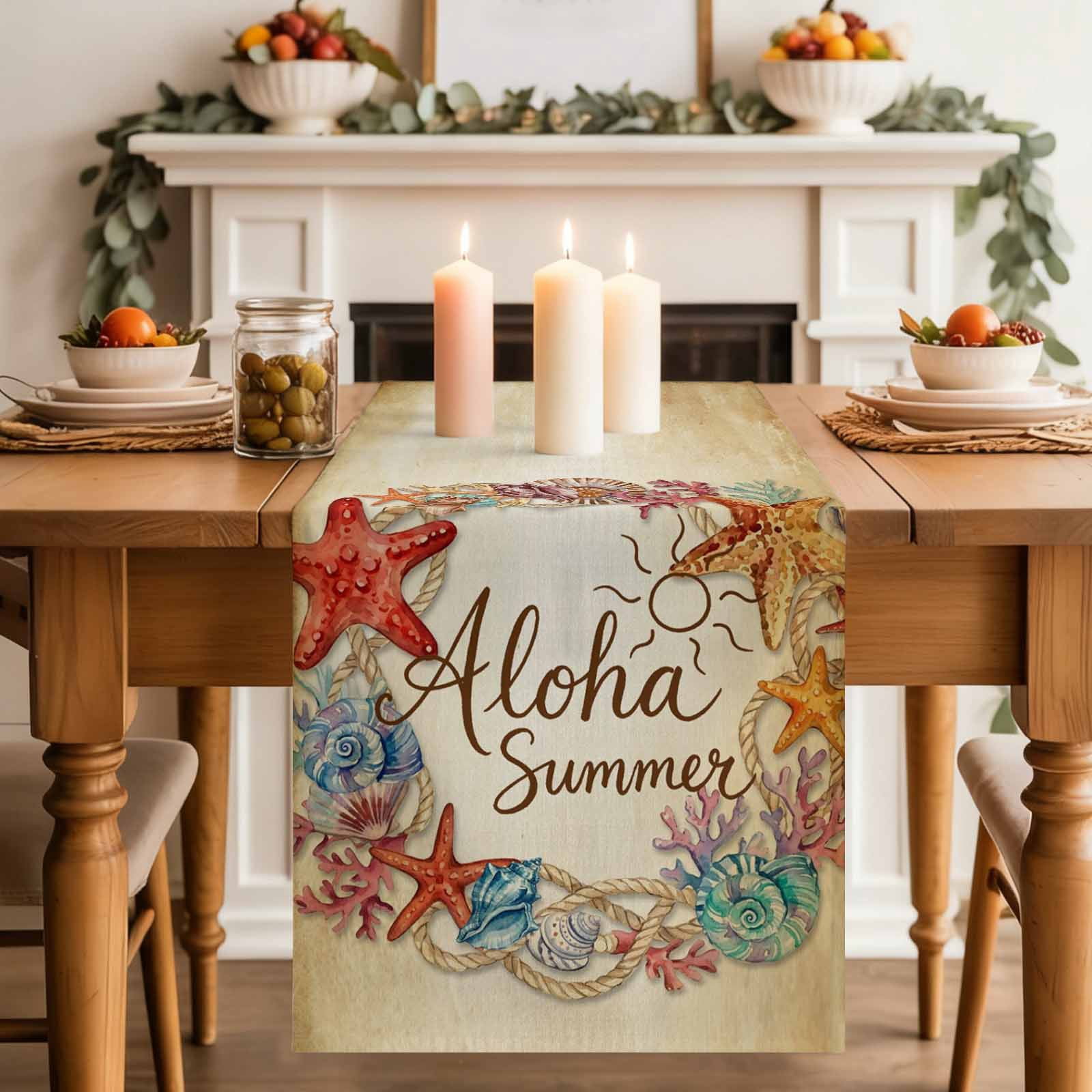Aloha Summer Table Runner, Red Starfish Shell Coral Ocean Life Vintage ...