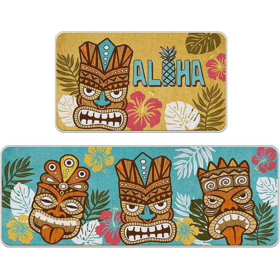 Aloha Summer Tiki Kitchen Rugs Set of 2, Tropical Palm Leaves Yellow Blue Kitchen Mats Decor, Hawaii Hibiscus Flower Pineapple Seasonal Floor Door Mat Home Decorations -17x29 and 17x47 Inch