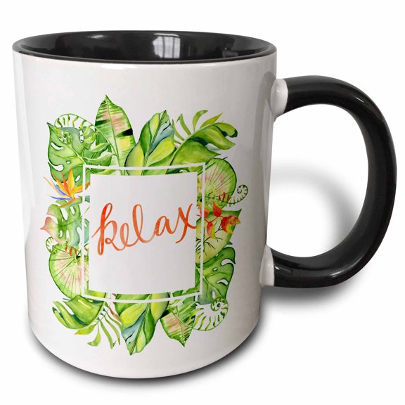 3drose, Aloha Summer Tropic Leaves Jungle Illustration Typography - Relax, 11oz Two-tone Black Mug