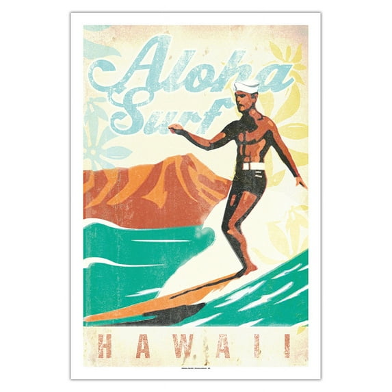 Aloha Surf Hawaii - Surfer On Longboard - Vintage Travel Poster by Wade Koniakowsky - Fine Art Matte Paper Print (Unframed) 30x44in