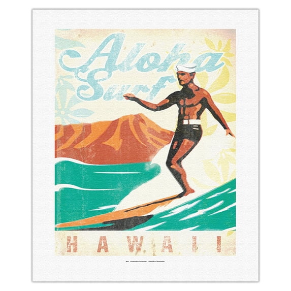 Aloha Surf Hawaii - Surfer On Longboard - Vintage Travel Poster by Wade Koniakowsky - Fine Art Rolled Canvas Print 16in x 20in