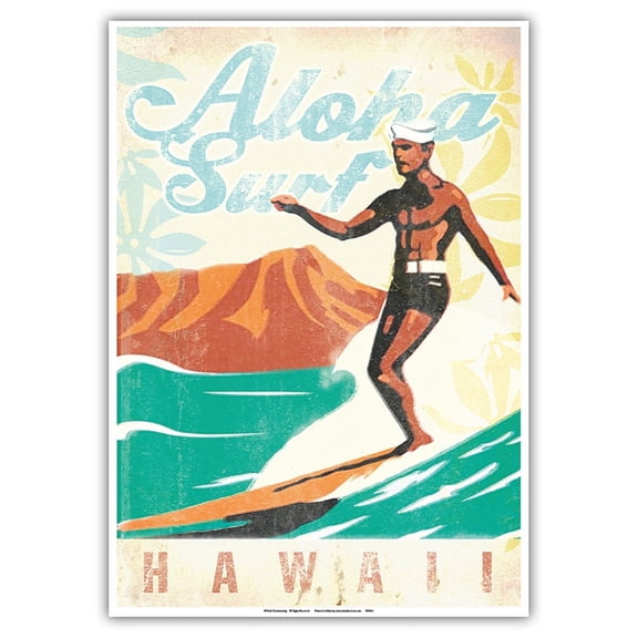 Aloha Surf Hawaii - Surfer On Longboard - Vintage Travel Poster by Wade Koniakowsky - Master Art Print 10in x 14in
