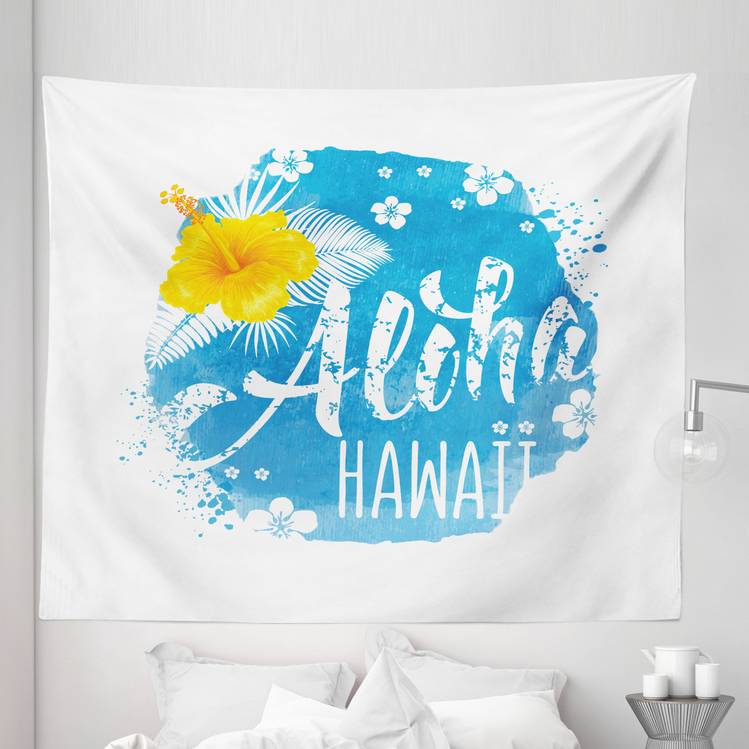Aloha Tapestry, Hand-drawn Lettering and Hibiscus on Blue Watercolor ...