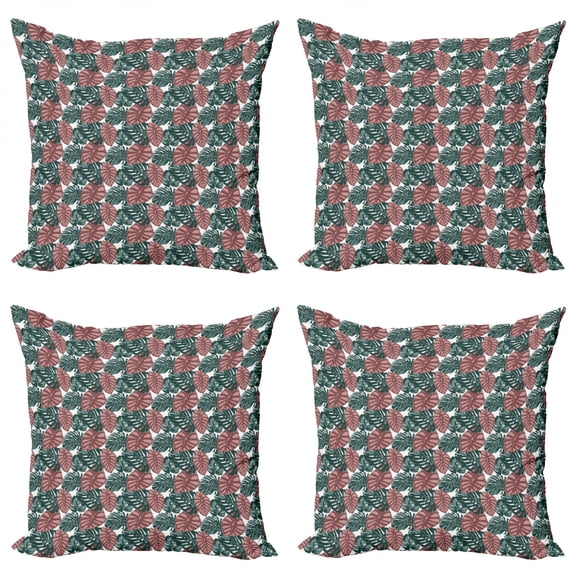 Aloha Throw Pillow Cushion Case Pack of 4, Close Up Scenery of Philodendron Monstera Silhouettes Striped Island Elements, Modern Accent Double-Sided Print, 4 Sizes, White Multicolor, by Ambesonne