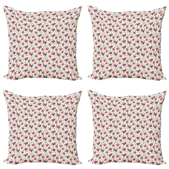 Aloha Throw Pillow Cushion Case Pack of 4, Modern and Colorful Hawaiian Illustration of Triangles Flowers Composition, Modern Accent Double-Sided Print, 4 Sizes, White and Multicolor, by Ambesonne