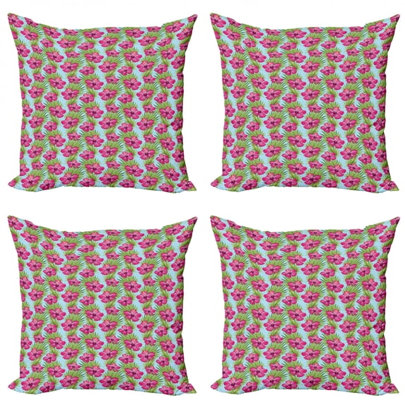 Ambesonne Aloha Throw Pillow Cover 4 Pack, Hand-drawn Summer Pattern, 24", Apple Green Pale Blue