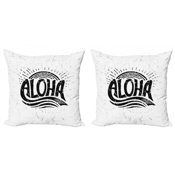 Aloha Throw Pillow Cushion Cover Pack of 2, Graphical Calligraphy Illustration in a Sketchy Grunge Look Tropical, Zippered Double-Side Digital Print, 4 Sizes, Charcoal Grey and White, by Ambesonne