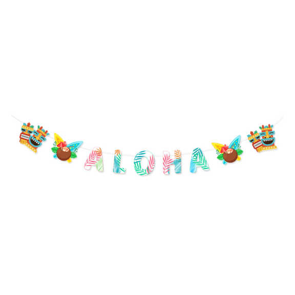 Aloha Tiki Banner, Tropical Hawaiian Party Decoration, Colorful Luau Garland