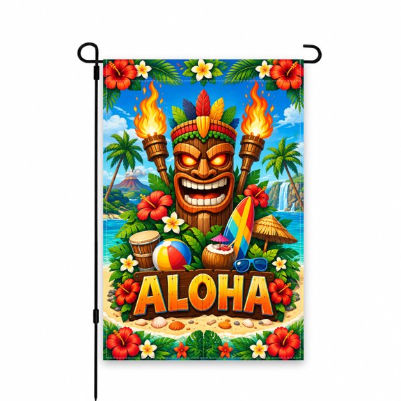 Aloha Tiki Garden Flag 12 x 18 Inch with Tropical Beach Scene, Hibiscus Flowers, and Vibrant Colors for Patio, Lawn, Yard, or Porch Outdoor Decor