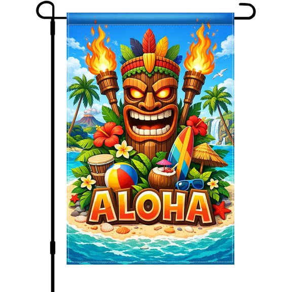 Aloha Tiki Garden Flag 12x18 Double Sided Vertical Outdoor Decor Tropical Island Beach Yard Garden Lawn Banner Summer Seasonal Display