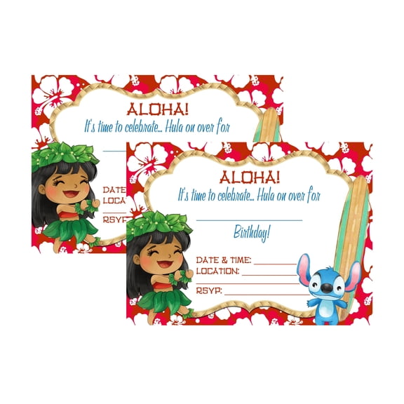 Aloha Time To Celebrate Hula on Over Stitch Themed Birthday Party Supply 12 Invitations and 12 envelopes (24pc Set)