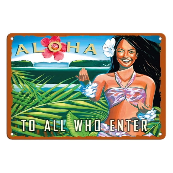 Aloha To All Who Enter - Hawaii Hula Dancer - Vintage Hawaiian Travel Poster by Wade Koniakowsky - 8 x 12 inch Vintage Metal Tin Sign