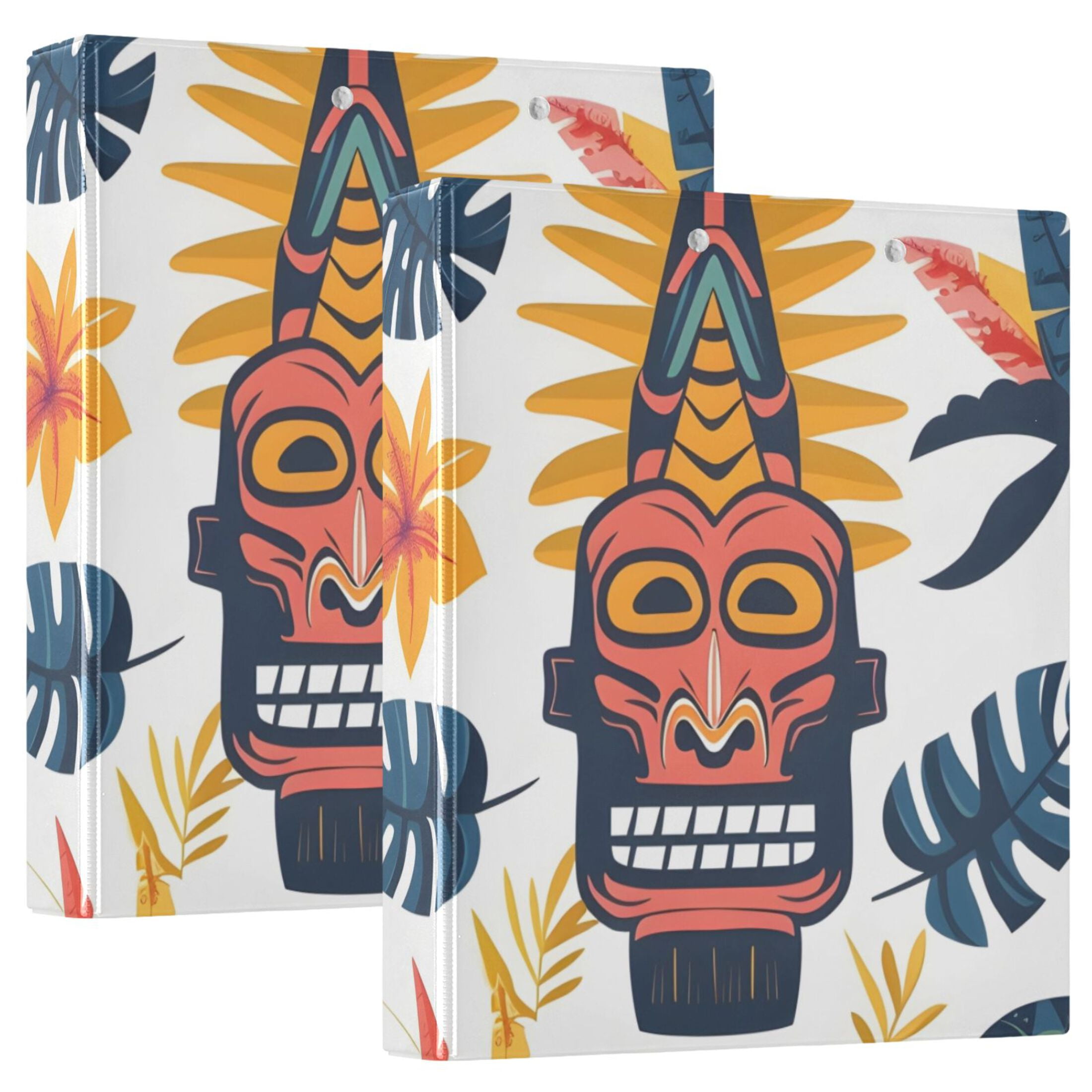 Aloha Totem Mask Leaves 3 Ring Binders 1.5 inch Hardcover File Folders with Interior Pockets A4 Size Organizer for School Office Hospital