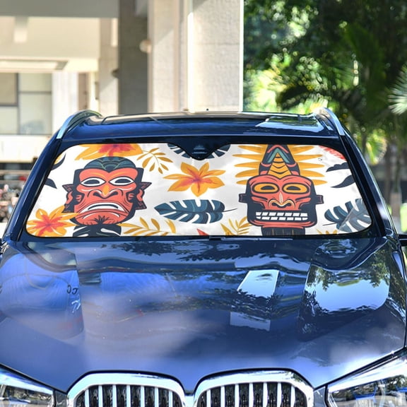 Aloha Totem Mask Leaves Automotive Front Car Windshield Sun Shade Reflector Foldable for Front Fit for Cars Truck SUVs