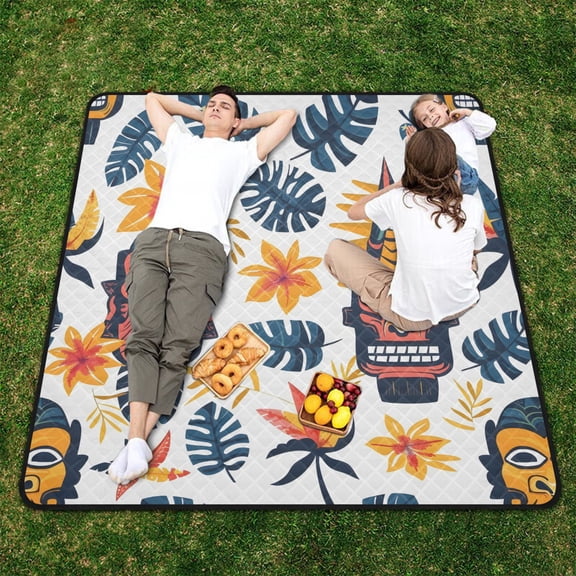 Aloha Totem Mask Leaves Beach Blanket Outdoor Picnic Blanket 78"x 78" Waterproof Foldable for Beach Camping Travel Hiking Grass Lawn Park