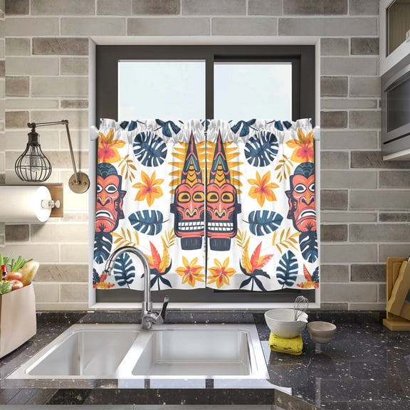 Aloha Totem Mask Leaves Kitchen Curtains Half Tier Curtain 2 Rod Pockets Bathroom Bedroom Cupborad Living Room 27"x24"